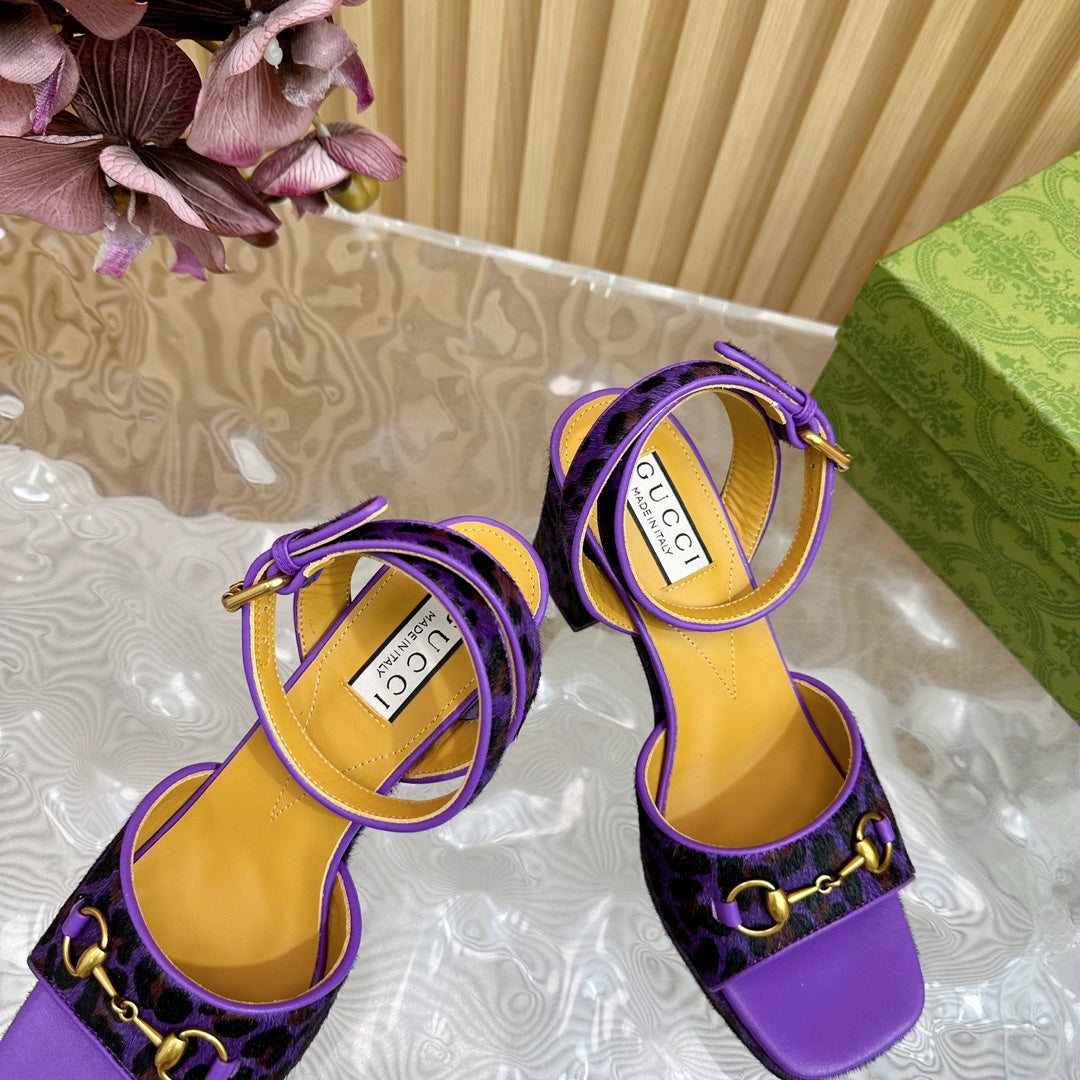 HORSEBIT HIGH-HEEL SANDAL WITH LEOPARD PRINT IN PURPLE VELVET AND CALFSKIN LINING