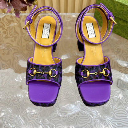 HORSEBIT HIGH-HEEL SANDAL WITH LEOPARD PRINT IN PURPLE VELVET AND CALFSKIN LINING