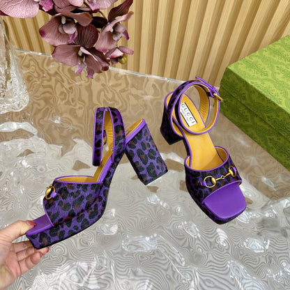 HORSEBIT HIGH-HEEL SANDAL WITH LEOPARD PRINT IN PURPLE VELVET AND CALFSKIN LINING