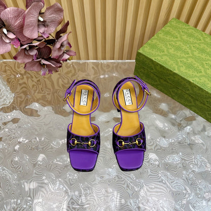 HORSEBIT HIGH-HEEL SANDAL WITH LEOPARD PRINT IN PURPLE VELVET AND CALFSKIN LINING