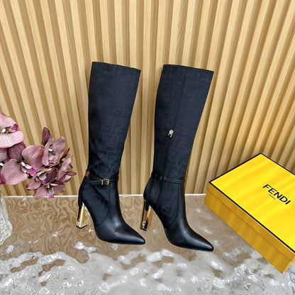 FF BOOTIES HIGH BOOTS IN BLACK CALFSKIN AND MONOGRAM FF FABRIC