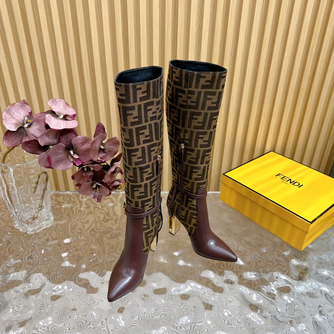 FF BOOTIES HIGH BOOTS IN SANGRIA PURPLE CALFSKIN AND MEDIUM BROWN MONOGRAM FF FABRIC