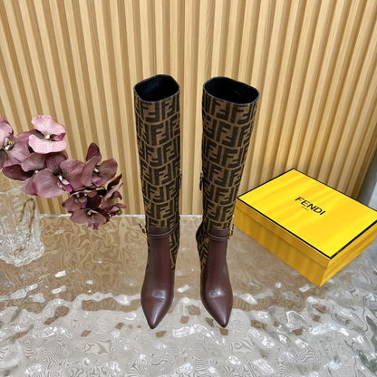 FF BOOTIES HIGH BOOTS IN SANGRIA PURPLE CALFSKIN AND MEDIUM BROWN MONOGRAM FF FABRIC