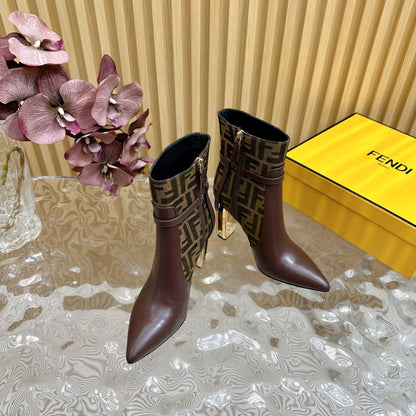 FF BOOTIES BOOTS IN SANGRIA PURPLE CALFSKIN AND MONOGRAM FF FABRIC