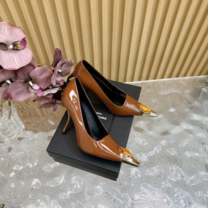 ORANGE GEM-STUDDED HIGH PUMPS IN BRONZE BROWN PATENT CALFSKIN