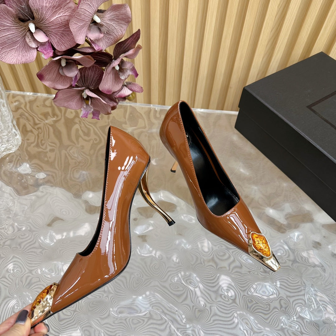 ORANGE GEM-STUDDED HIGH PUMPS IN BRONZE BROWN PATENT CALFSKIN