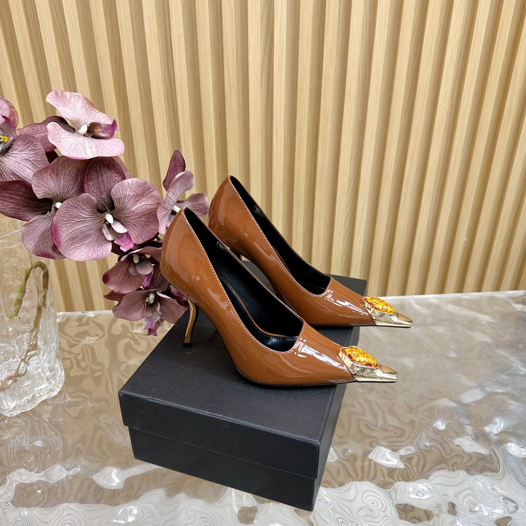 ORANGE GEM-STUDDED HIGH PUMPS IN BRONZE BROWN PATENT CALFSKIN