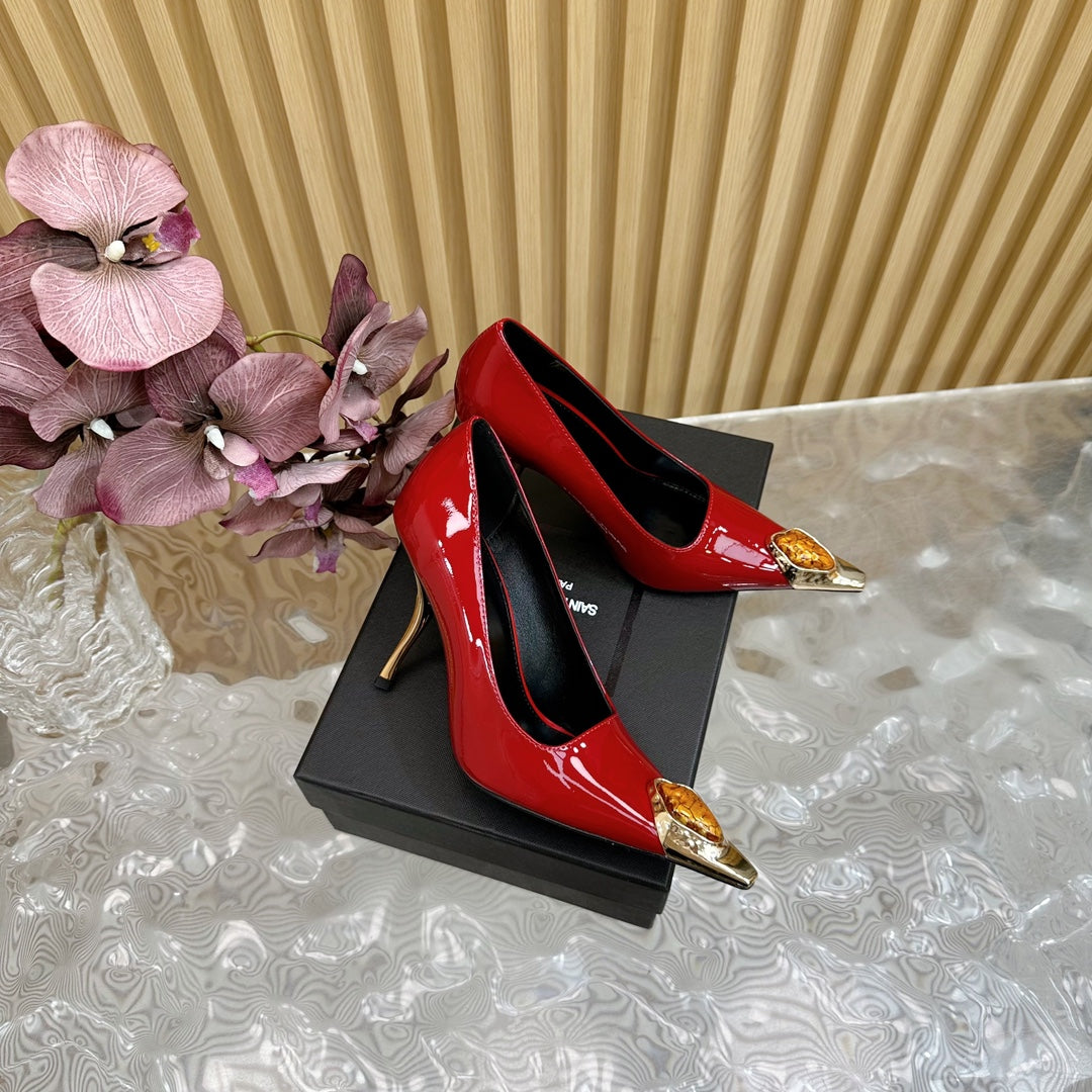 ORANGE GEM-STUDDED HIGH PUMPS IN RED PATENT CALFSKIN