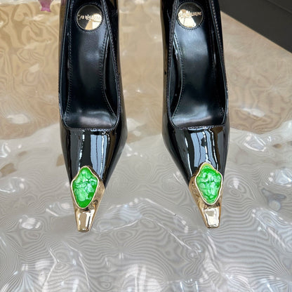 GREEN GEM-STUDDED HIGH PUMPS IN BLACK PATENT CALFSKIN