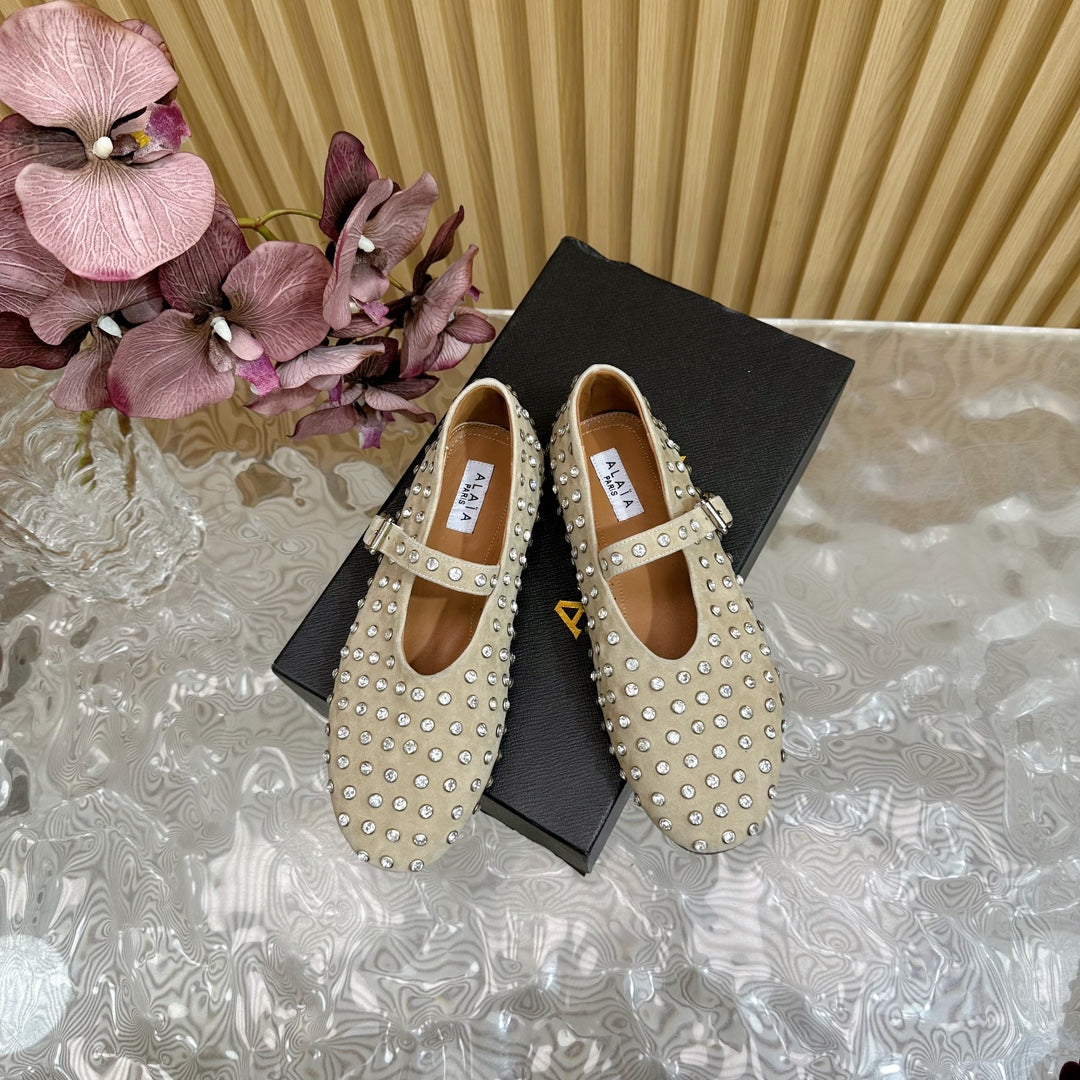 STRASS SUEDE BALLET FLATS WHITE