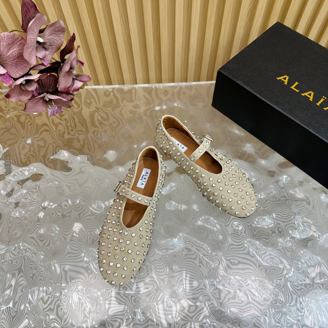 STRASS SUEDE BALLET FLATS WHITE