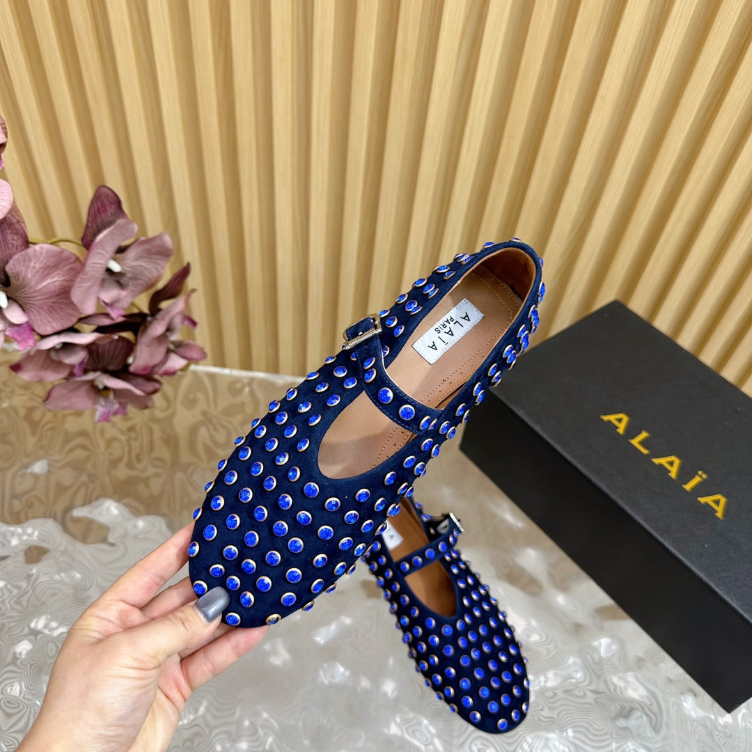 STRASS SUEDE BALLET FLATS NAVY BLUE