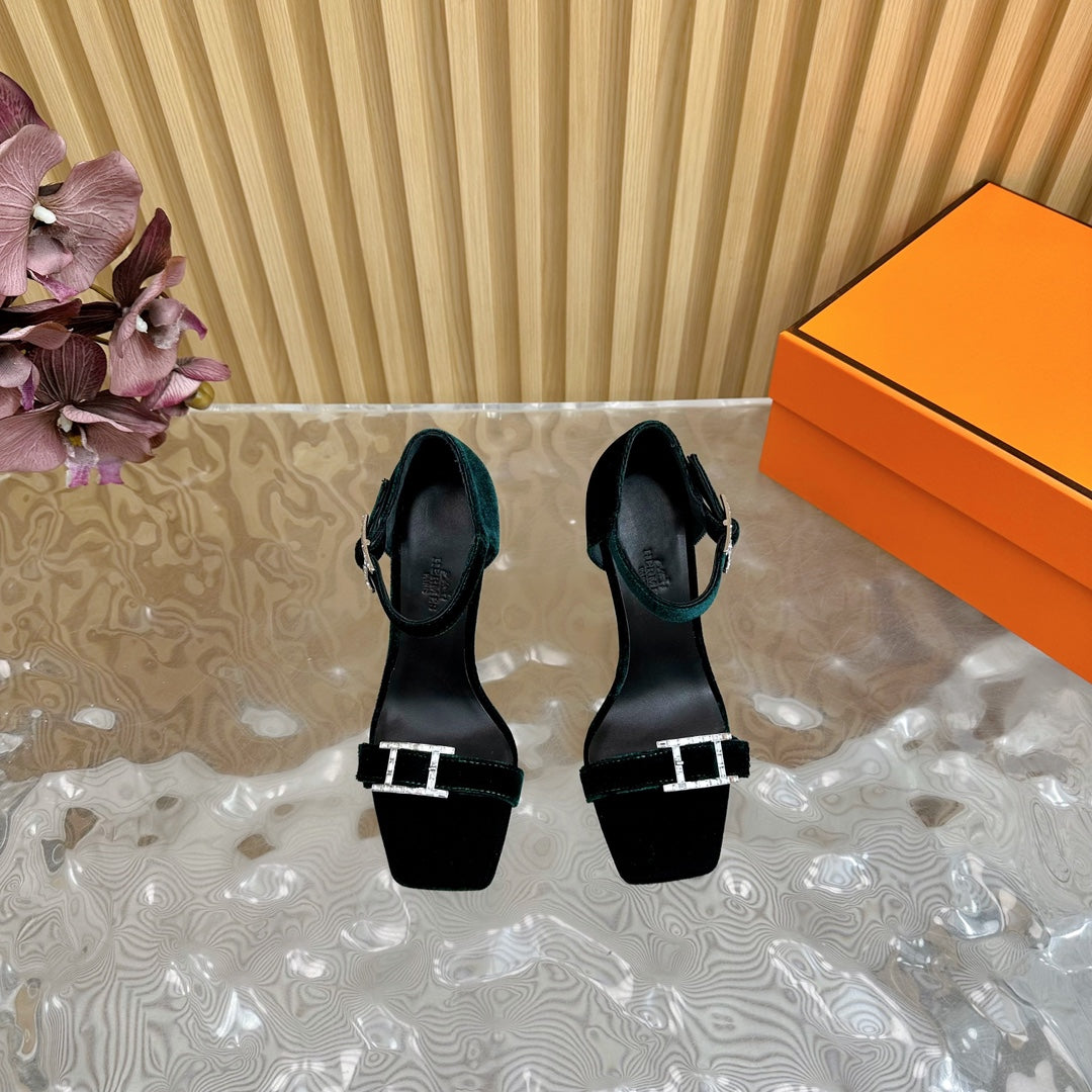 JULY SANDAL 105 MM IN TEAL GREEN VELVET