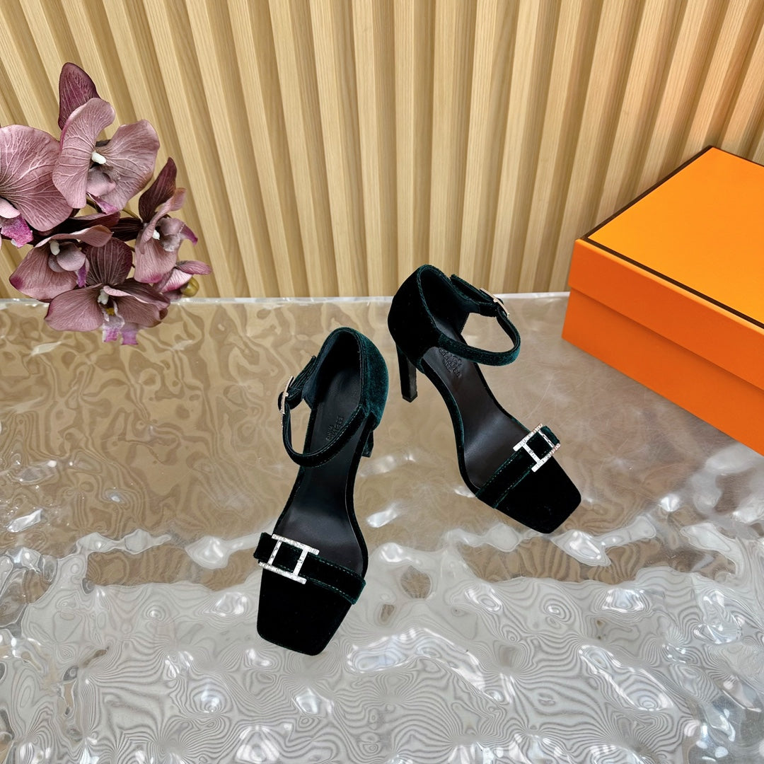 JULY SANDAL 105 MM IN TEAL GREEN VELVET