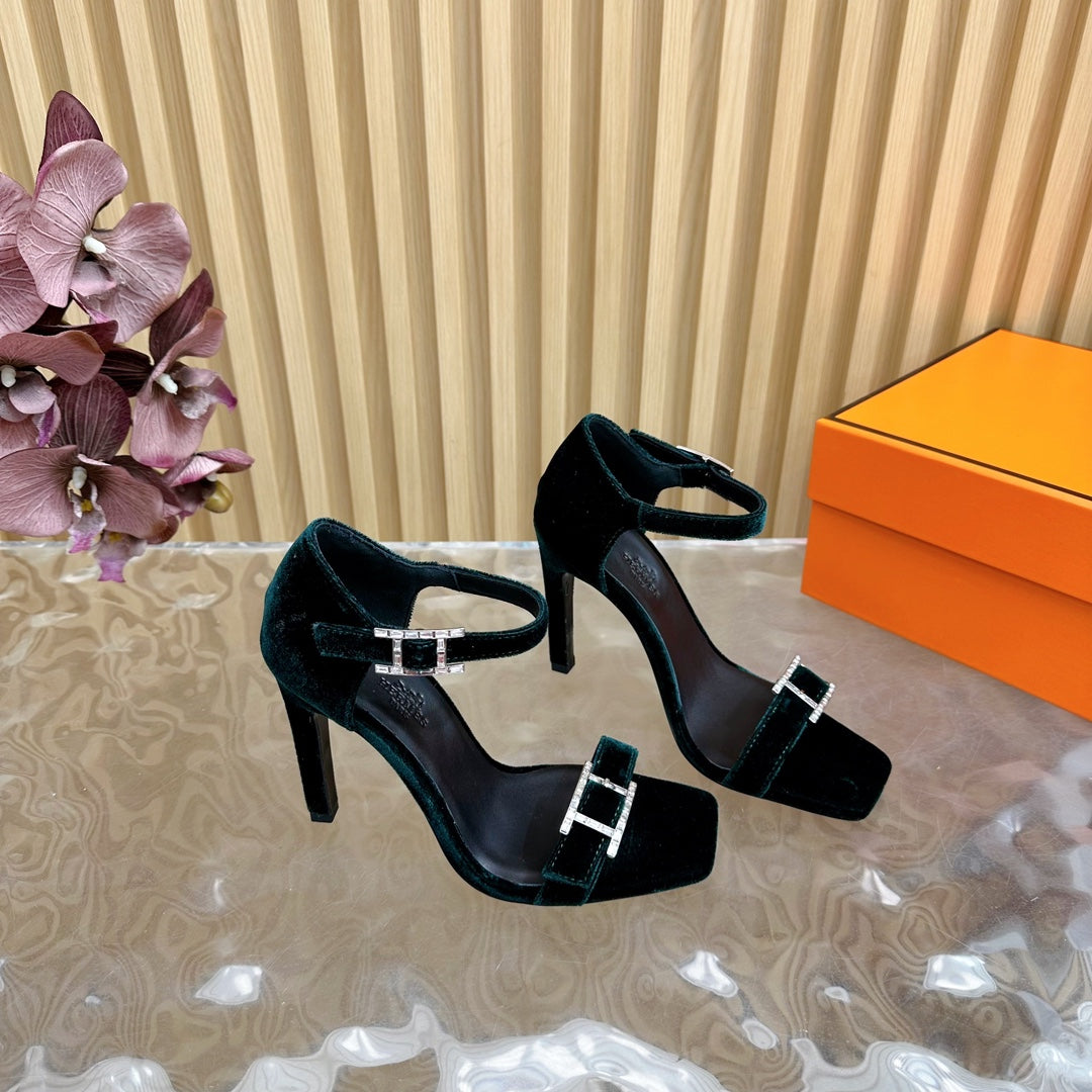 JULY SANDAL 105 MM IN TEAL GREEN VELVET