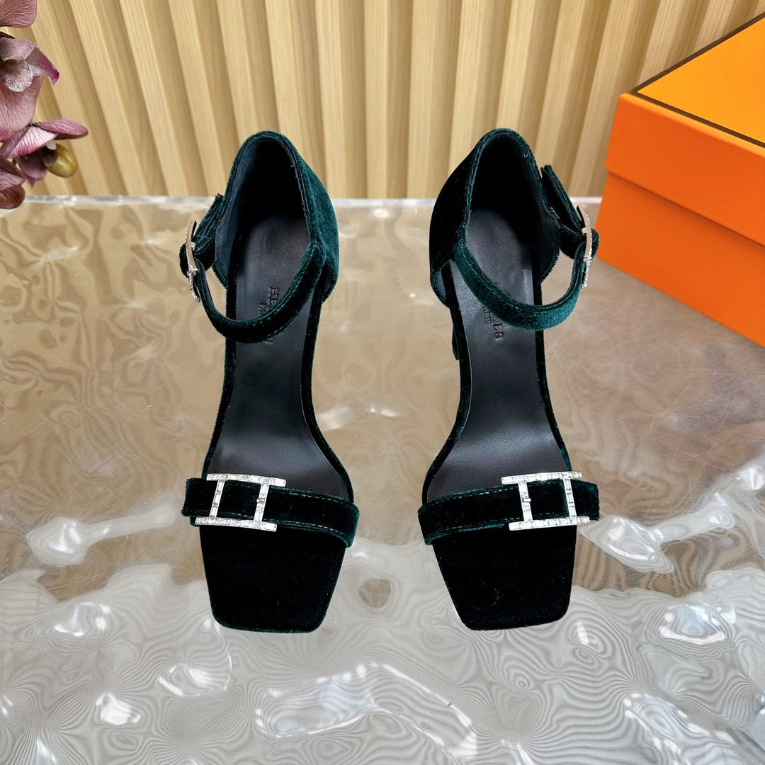 JULY SANDAL 105 MM IN TEAL GREEN VELVET