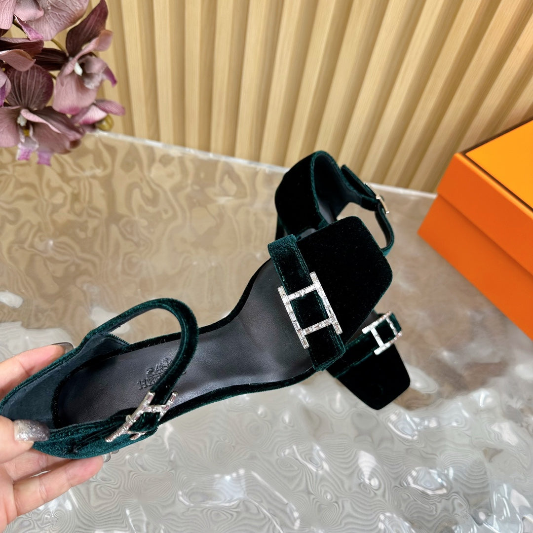 JULY SANDAL 105 MM IN TEAL GREEN VELVET