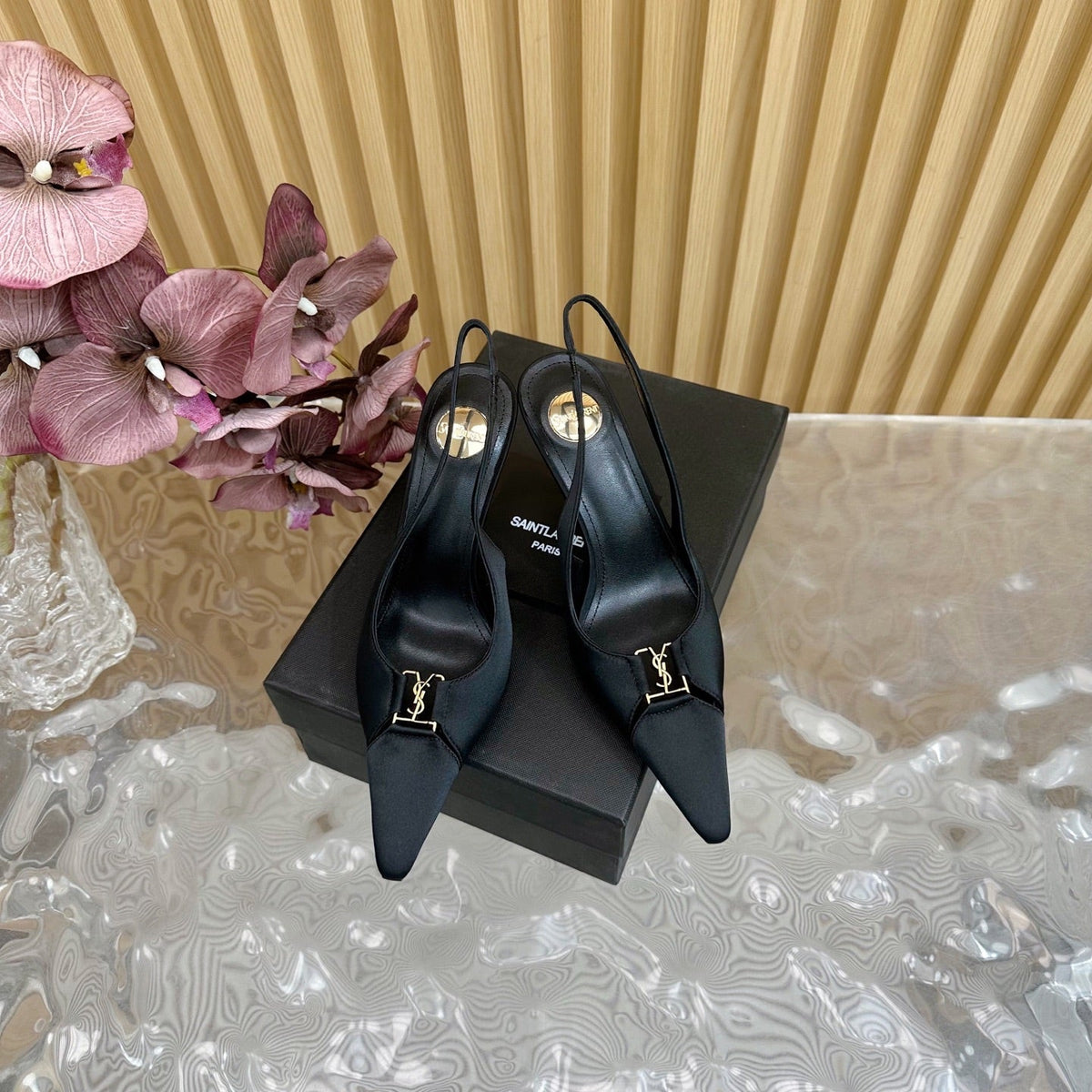 BABYLONE SLINGBACK PUMPS IN BLACK SILK