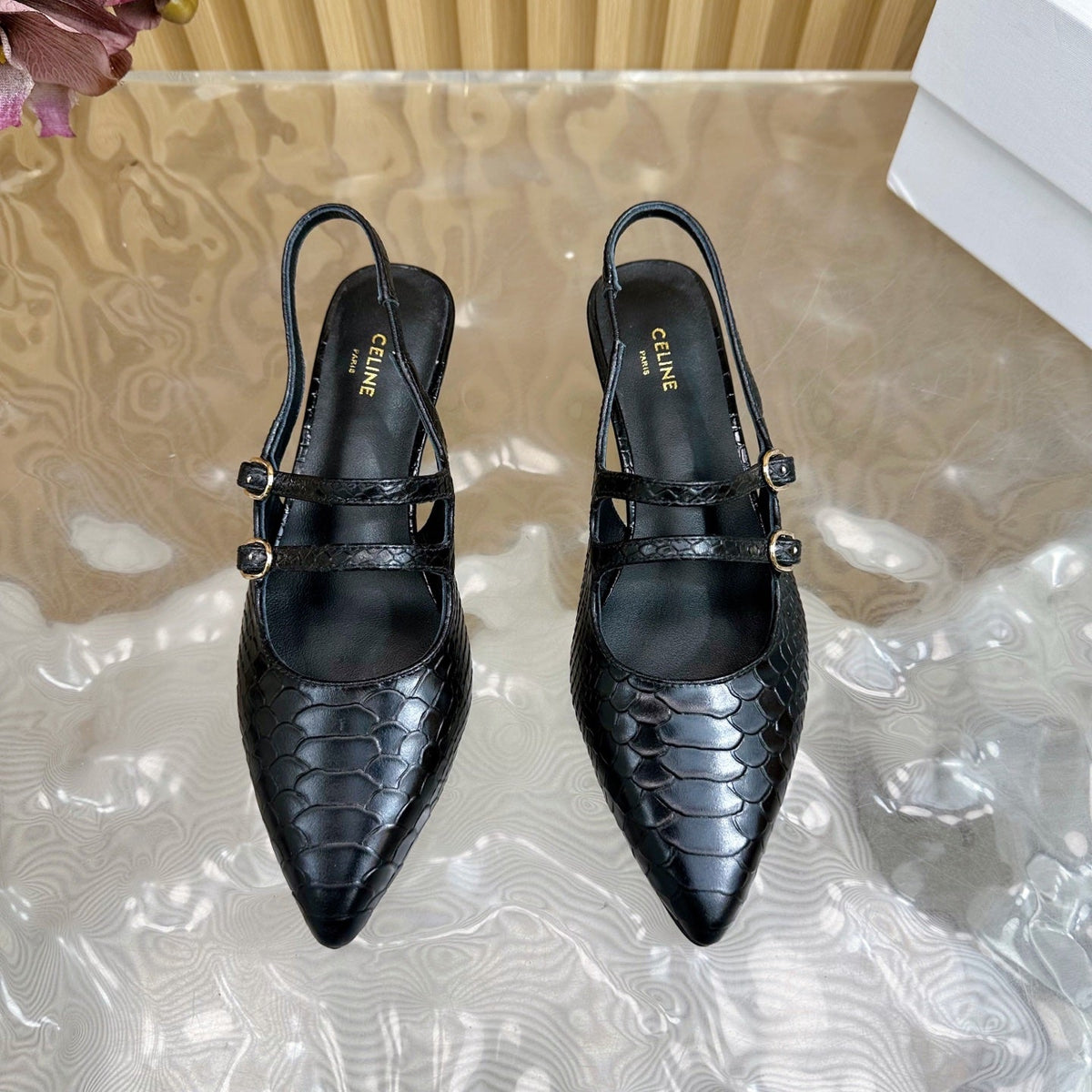 JUDY DOUBLE STRAP MARY JANE SLINGBACK 35MM IN BLACK SNAKE EMBOSSED CALFSKIN