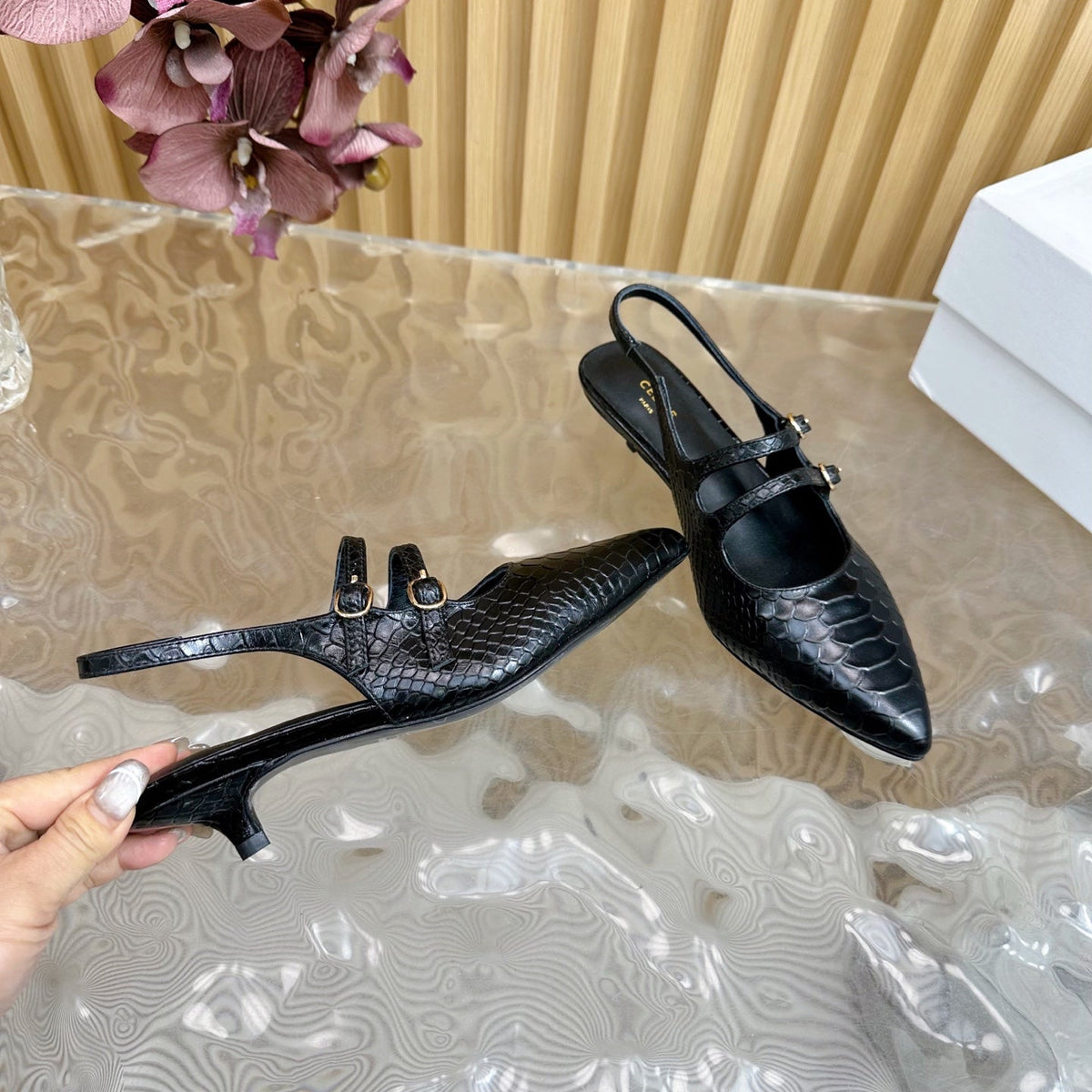 JUDY DOUBLE STRAP MARY JANE SLINGBACK 35MM IN BLACK SNAKE EMBOSSED CALFSKIN