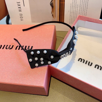 HEADBAND WITH BOW IN BLACK COTTON ATTACHED PEARLS 406039