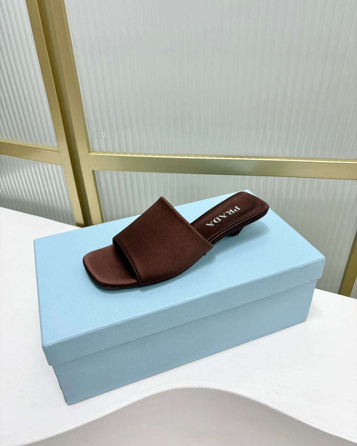 PRA TRIANGLE HEEL SATIN SLIPPERS BROWN