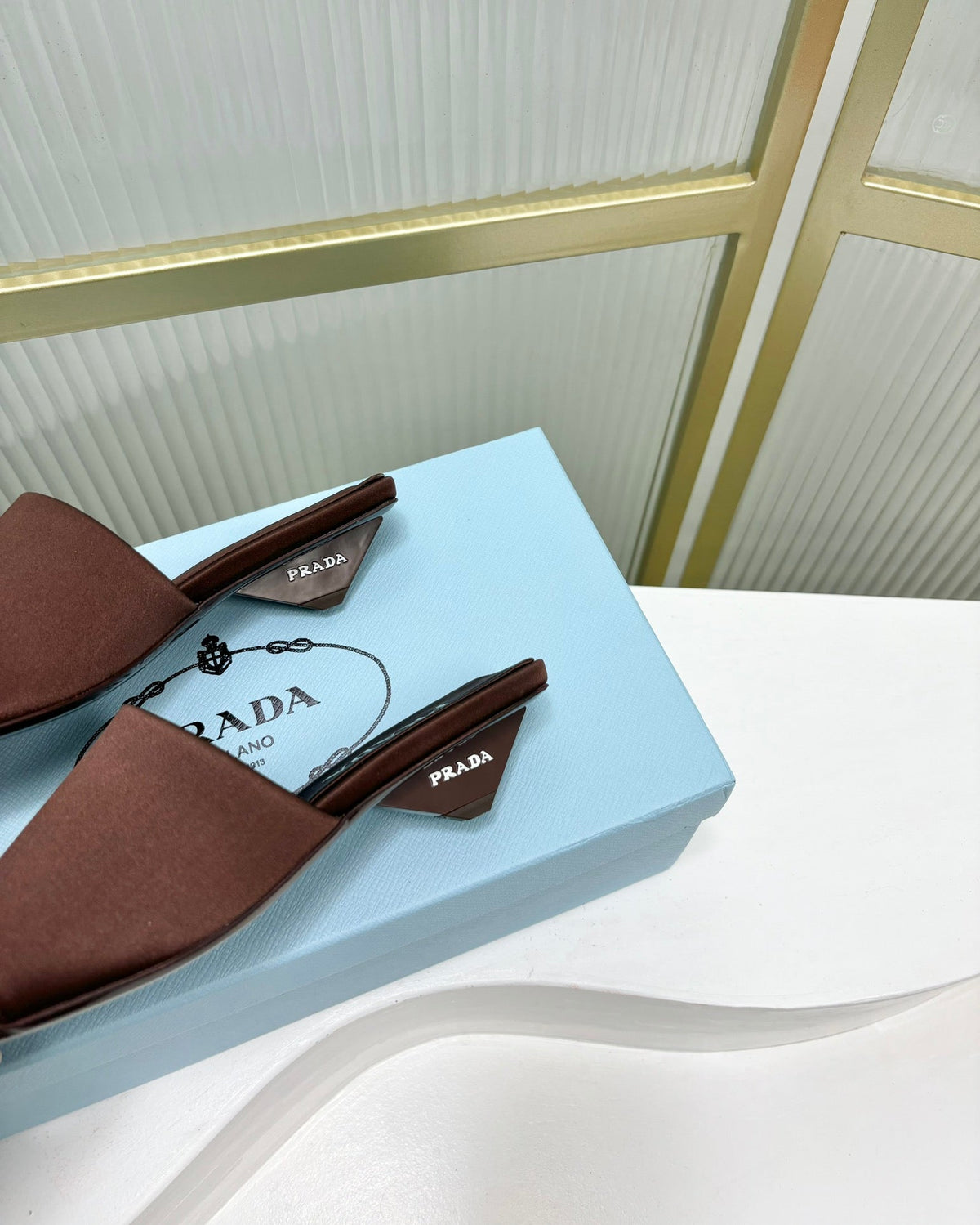 PRA TRIANGLE HEEL SATIN SLIPPERS BROWN
