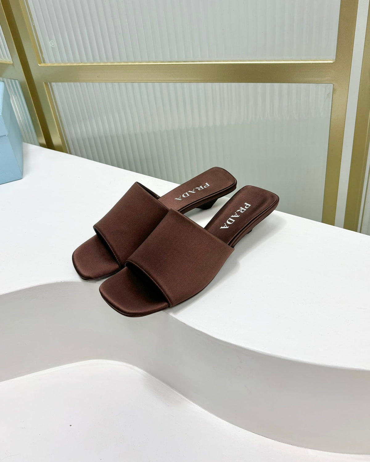 PRA TRIANGLE HEEL SATIN SLIPPERS BROWN