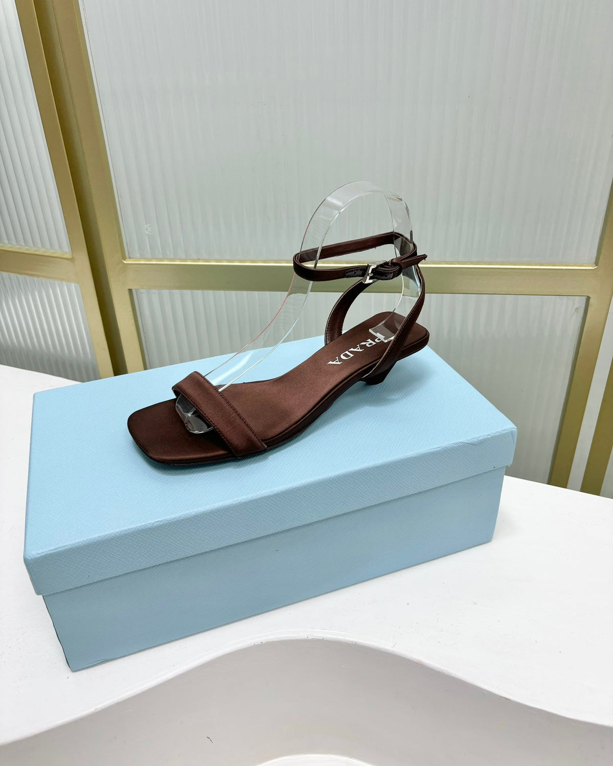 PRA TRIANGLE HEEL SATIN SANDALS BROWN