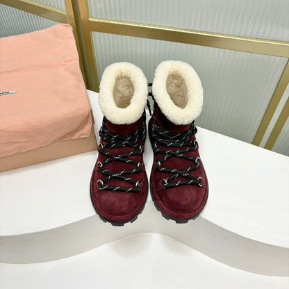LACE-UP ANKLE BOOTS IN BERRY RED SUEDE AND FLEECE LINING