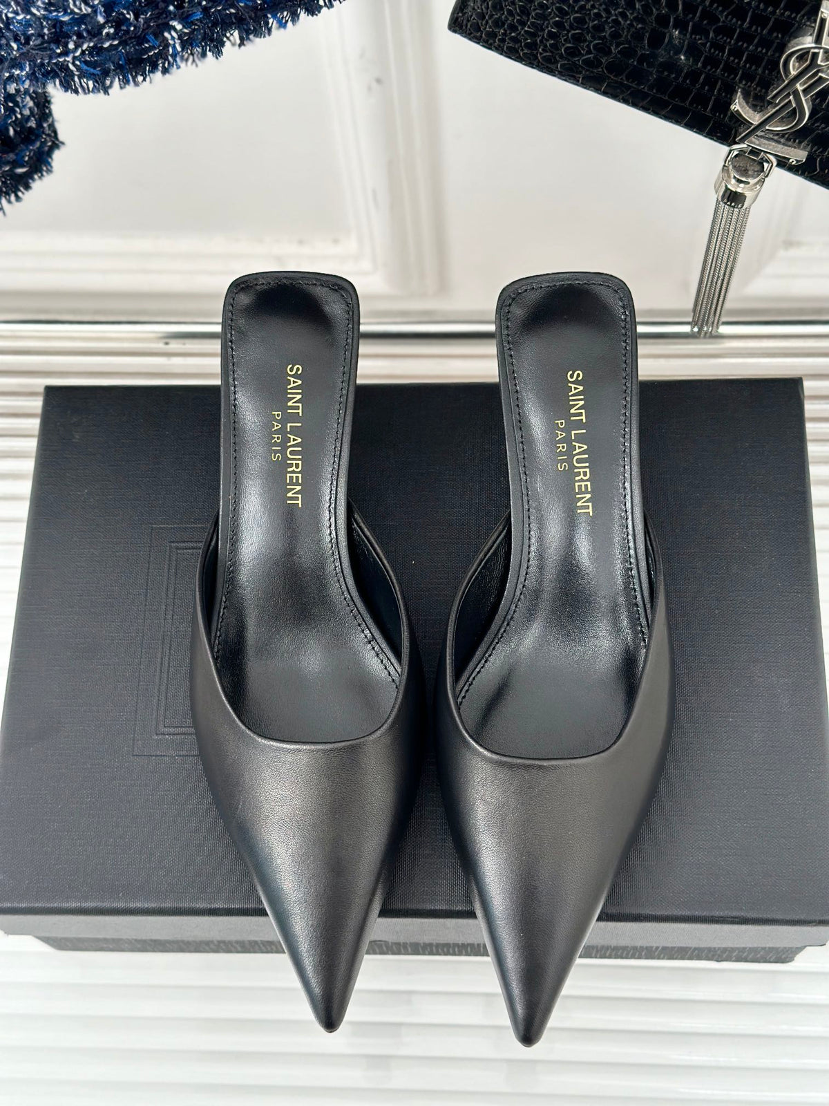 SL BARBARA MULES 55 BLACK CALFSKIN