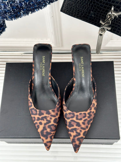 SL BARBARA MULES 55 LEOPARD MOTIF SATIN