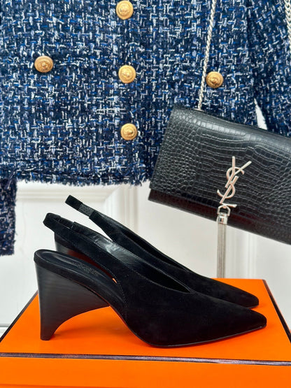 HIGH HEEL 75 MM POINTED- TOE SANDAL IN BLACK SUEDE