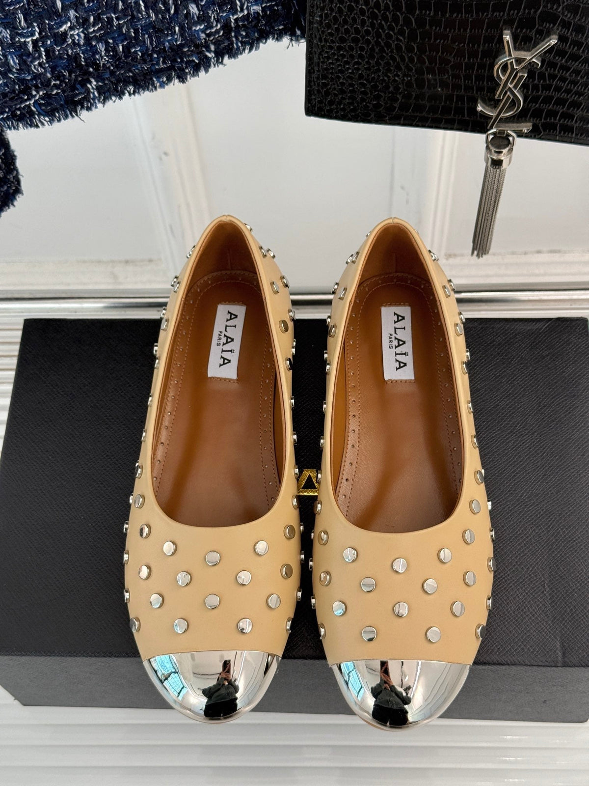 STUD-EMBELLISHED BALLET FLATS IN SEPIA TAN CALFSKIN