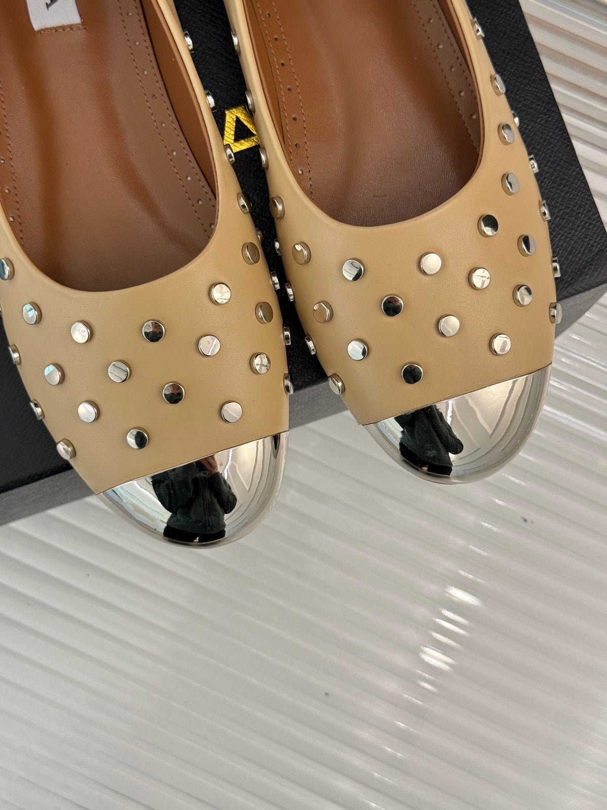 STUD-EMBELLISHED BALLET FLATS IN SEPIA TAN CALFSKIN