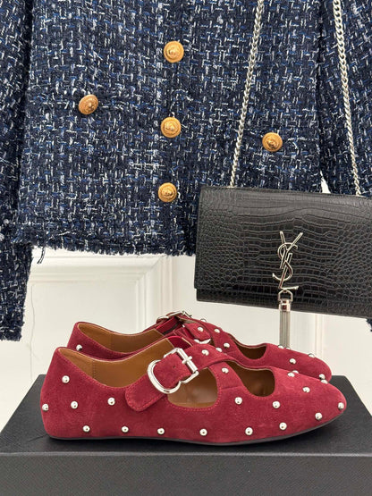 CROSSED STRAP BALLET FLATS IN BERRY RED SUEDE