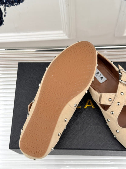 CROSSED STRAP BALLET FLATS IN TUSCAN BEIGE SUEDE