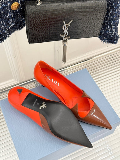 KITTEN HEEL PUMPS IN BROWN MIX ORANGE CALFSKIN