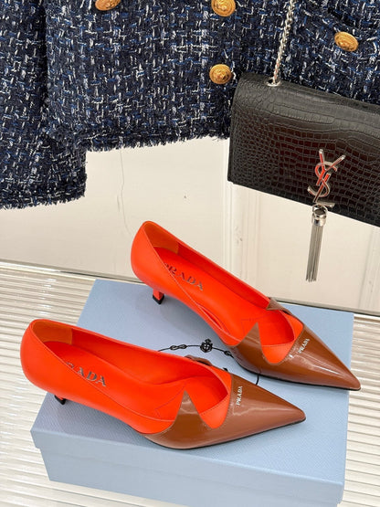KITTEN HEEL PUMPS IN BROWN MIX ORANGE CALFSKIN