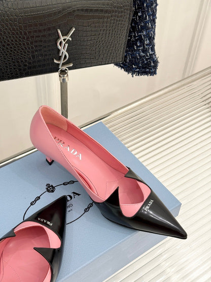 KITTEN HEEL PUMPS IN PINK MIX BLACK CALFSKIN