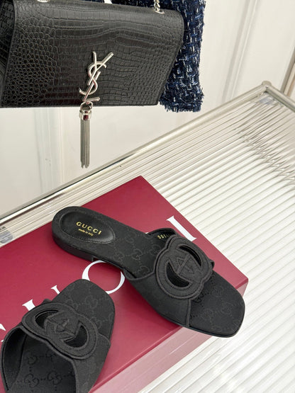 SLIDE SANDALS IN BLACK FABRIC EMBOSSED LOGO STYLE 1