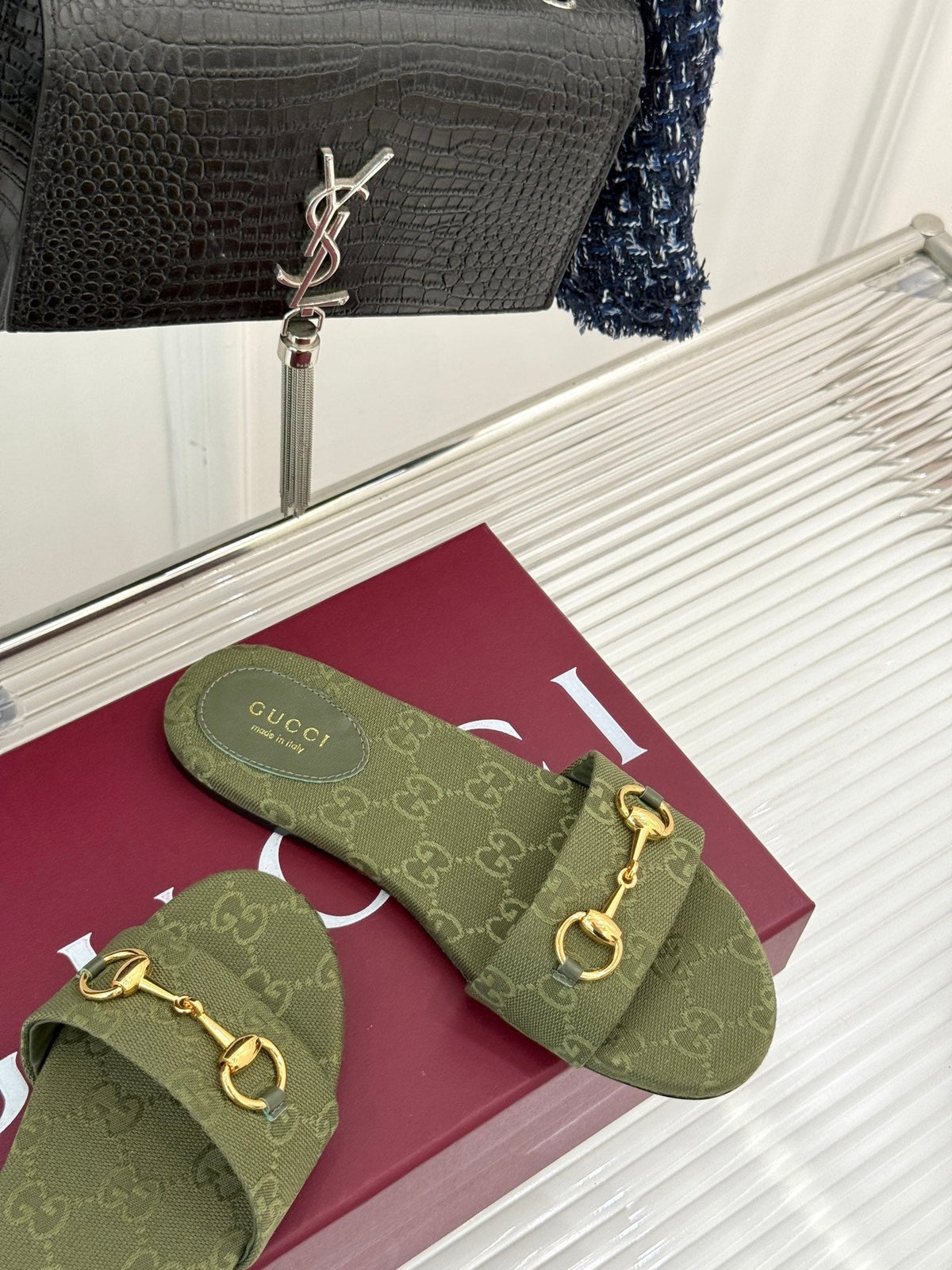 SLIDE SANDALS IN MOSS GREEN FABRIC EMBOSSED LOGO