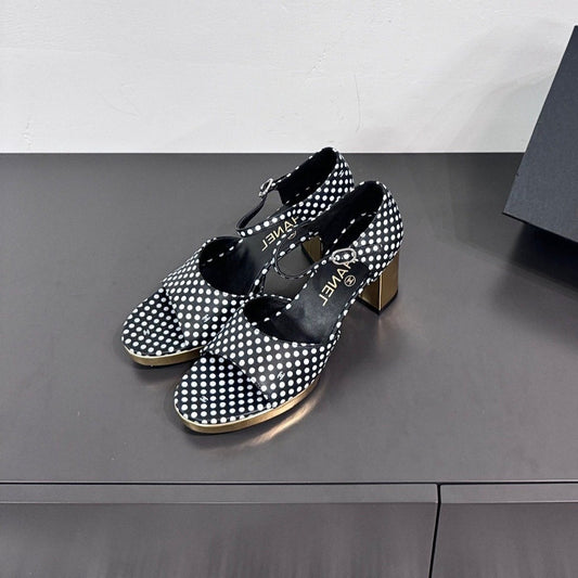 BLOCK HEEL SANDALS BLACK POLKA DOT SHEEPSKIN