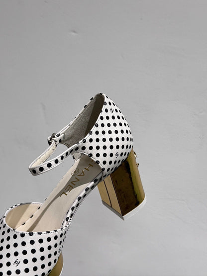BLOCK HEEL SANDALS WHITE POLKA DOT SHEEPSKIN
