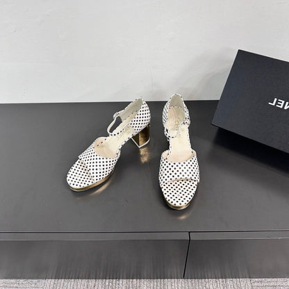 BLOCK HEEL SANDALS WHITE POLKA DOT SHEEPSKIN