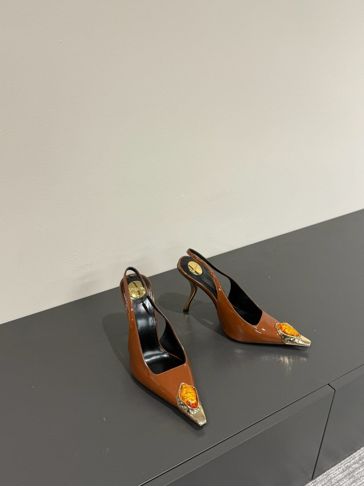 ORANGE GEM-STUDDED SLINGBACK PUMPS IN BRONZE BROWN PATENT CALFSKIN