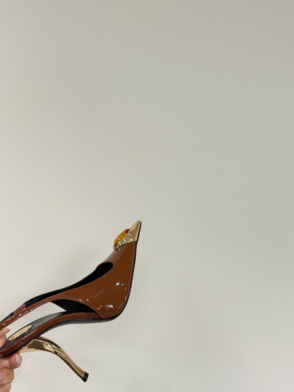 ORANGE GEM-STUDDED SLINGBACK PUMPS IN BRONZE BROWN PATENT CALFSKIN