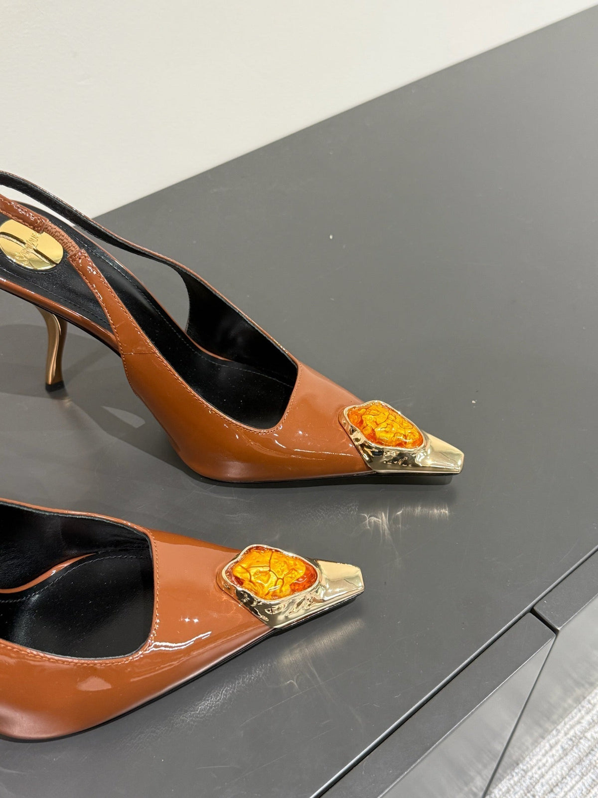 ORANGE GEM-STUDDED SLINGBACK PUMPS IN BRONZE BROWN PATENT CALFSKIN