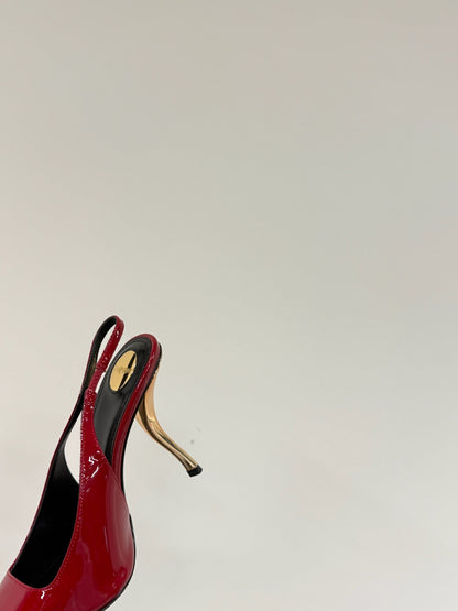 ORANGE GEM-STUDDED SLINGBACK PUMPS IN RED PATENT CALFSKIN