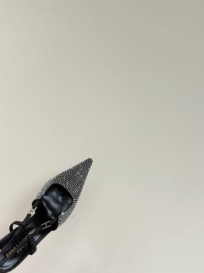 HIGH SLINGBACKS POINTED-TOE IN BLACK LAMBSKIN WITH SILVER CRYSTALS